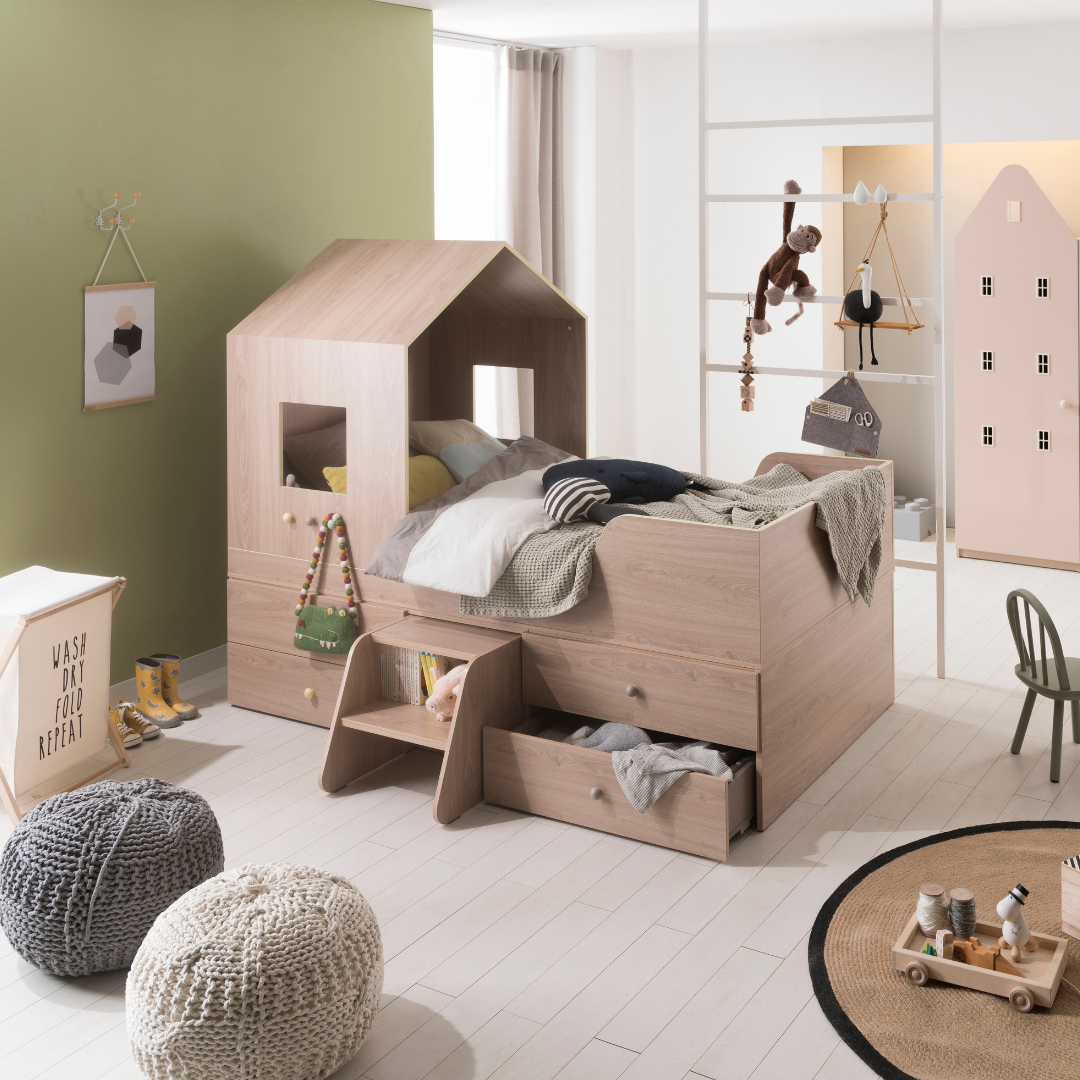 Mini House Bed with Drawers & Staircase