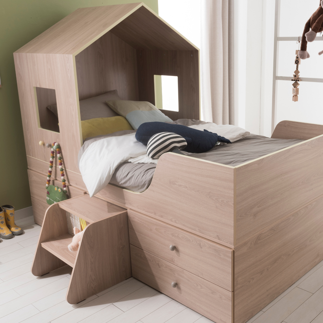 Mini House Bed with Drawers & Staircase